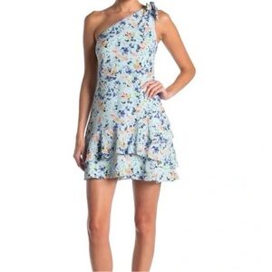 BCBG One-Shoulder Light Blue Floral Dress with Peach & Navy Accents